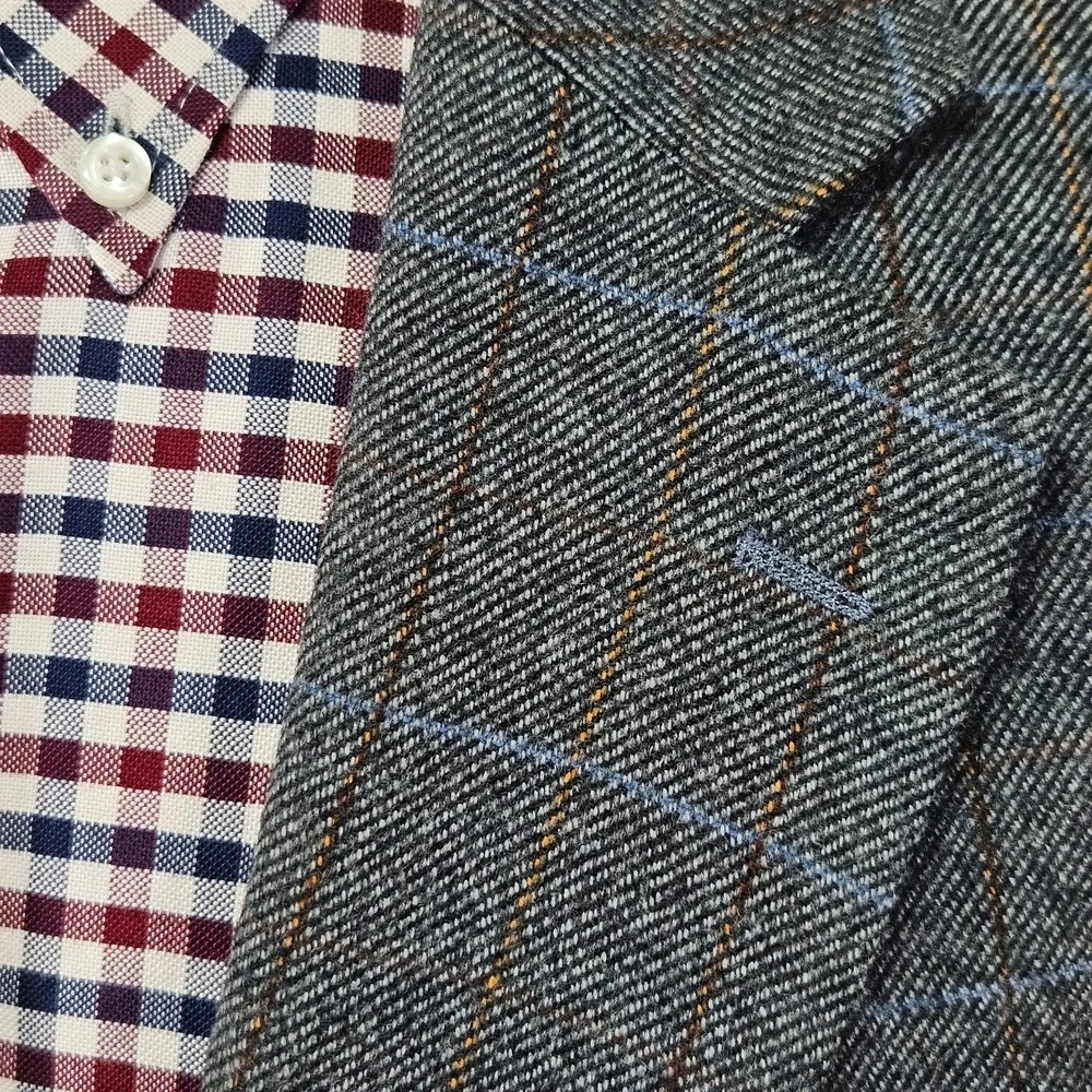 JOS A BANK Men's Sport Coat Blazer Two Button Gray Flannel Plaid Wool 46R
